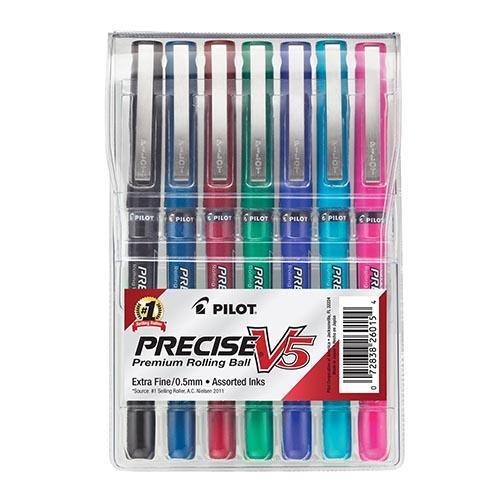 7 pack Assorted Colors Pilot Precise V5 Extra Fine Point Stick Rolling Ball Pens