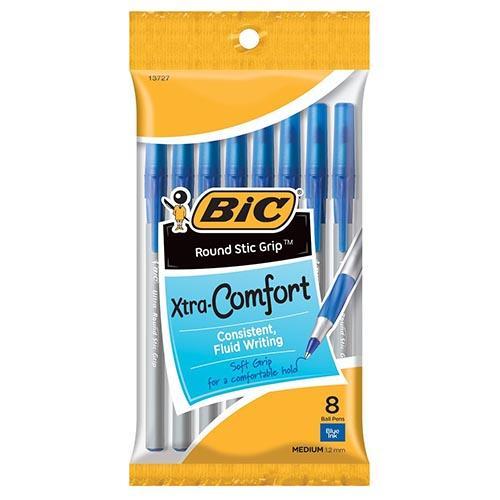 8 pack Blue BIC Round Stic Grip Xtra Comfort Medium Point Ball Pen