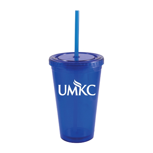 16oz Blue UMKC Travel Tumbler with Straw and Lid