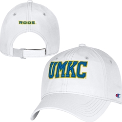 White Champion Relaxed Microfiber Cap UMKC 3D Embroidery Front Roos Embroidery Back